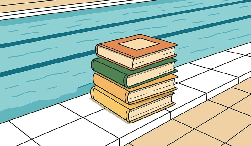 Illustration : des livres au bord de la piscine