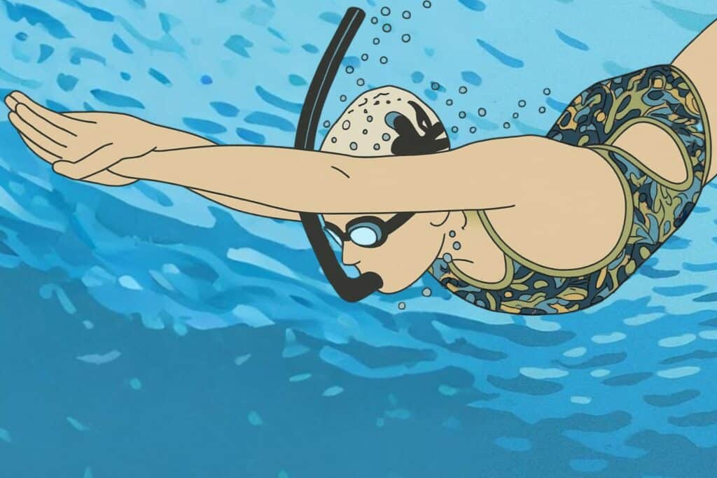 Illustration, nageuse avec un tuba frontal
