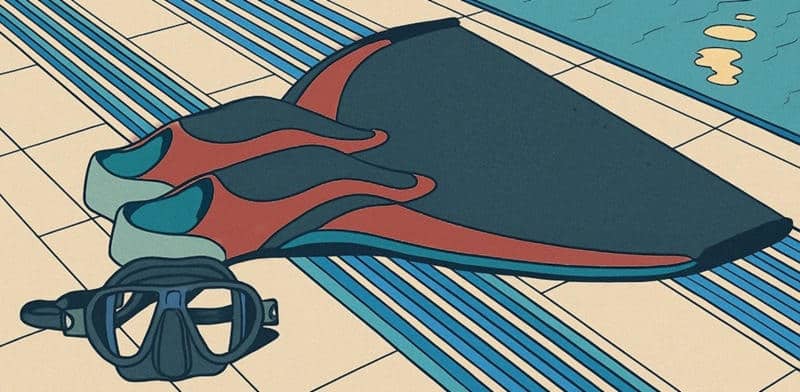 Illustration : une monopalme et un masque de plongée au bord d'une piscines