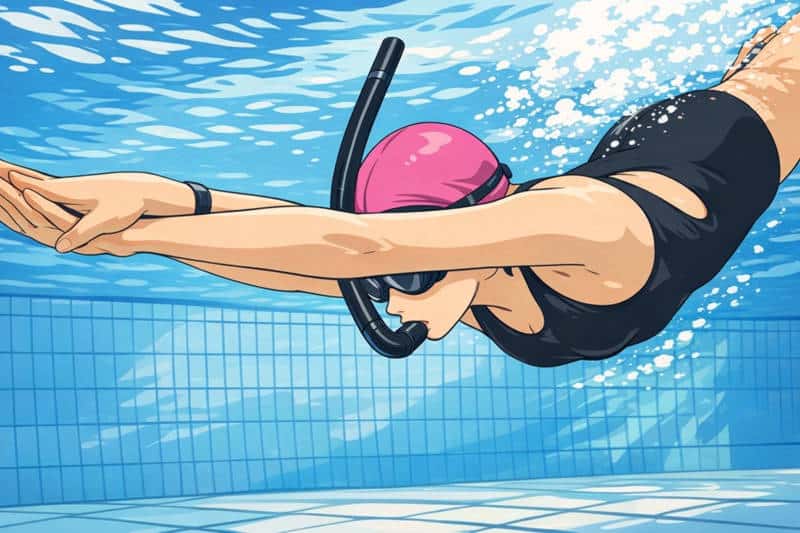 Illustration, nageuse avec un tuba frontal