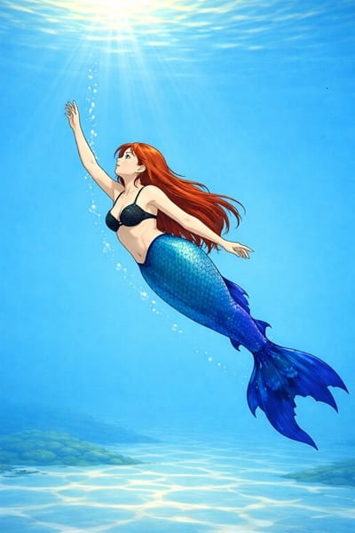 Illustration, sirène évoluant en mer, mermaiding