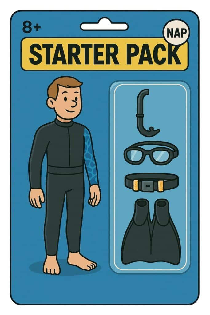 Visuel proposant à la façon d'un starter pack, le matériel pour pratique la nage avec une monopalme