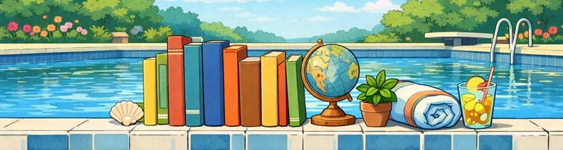 Illustration, bibliothèque au bord d'une piscine