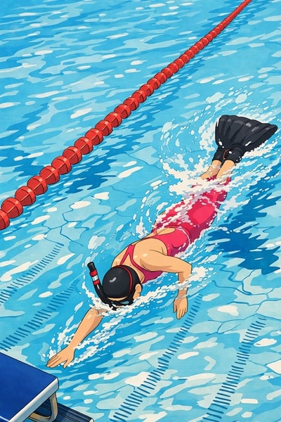 Illustration, nageuse en monopalme s'apprêtant à faire un virage