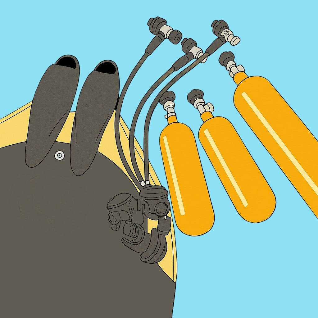 Illustration : le matériel pour l'immersion scaphandre, monopalme, détendeurs, bouteilles d'air comprimée