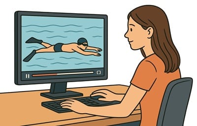 Illustration qui montre une femme regarder une vidéo de nageur sur le web.