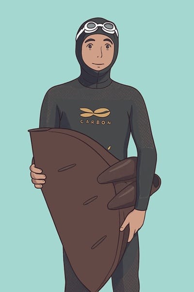 Illustration, nageur en combinaison avec sa monopalme à la main