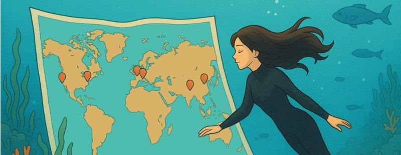 Illustration qui indique quelques lieux où se déroulent des salons de la plongée dans le monde.