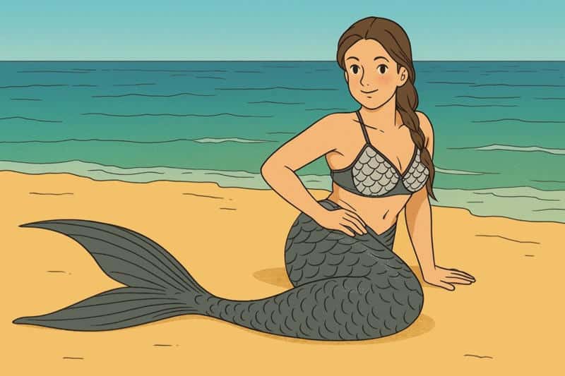 Illustration, mermaiding, sirène posant sur la plage