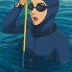 Illustration, nageuse faisant surface après une plongée en apnée