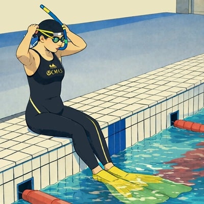 Illustration, nageuse en monopalme qui se prépare au bord de la piscine