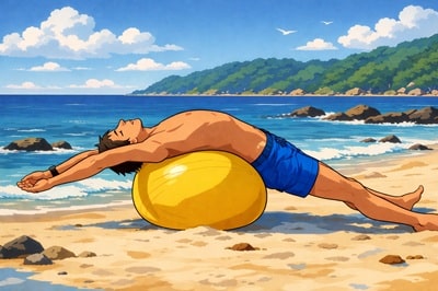 Illustration, sportif qui fait des étirements avec un ballon