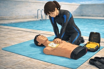 Illustration, entrainement massage cardiaque au bord de la piscine