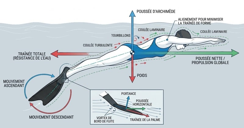 Illustration, forces en jeu pour une nageuse en monopalme
