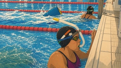 Illustration, nageurs à l'arrivée de leur course