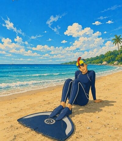 Illustration, nageuse en monopalme sur une plage prête à rentrer dans l'eau