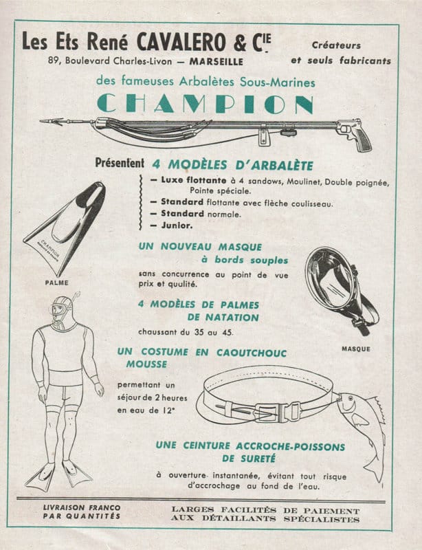 Publicité du fabricant de matériel de pêche sous marine Cavalero - 1949